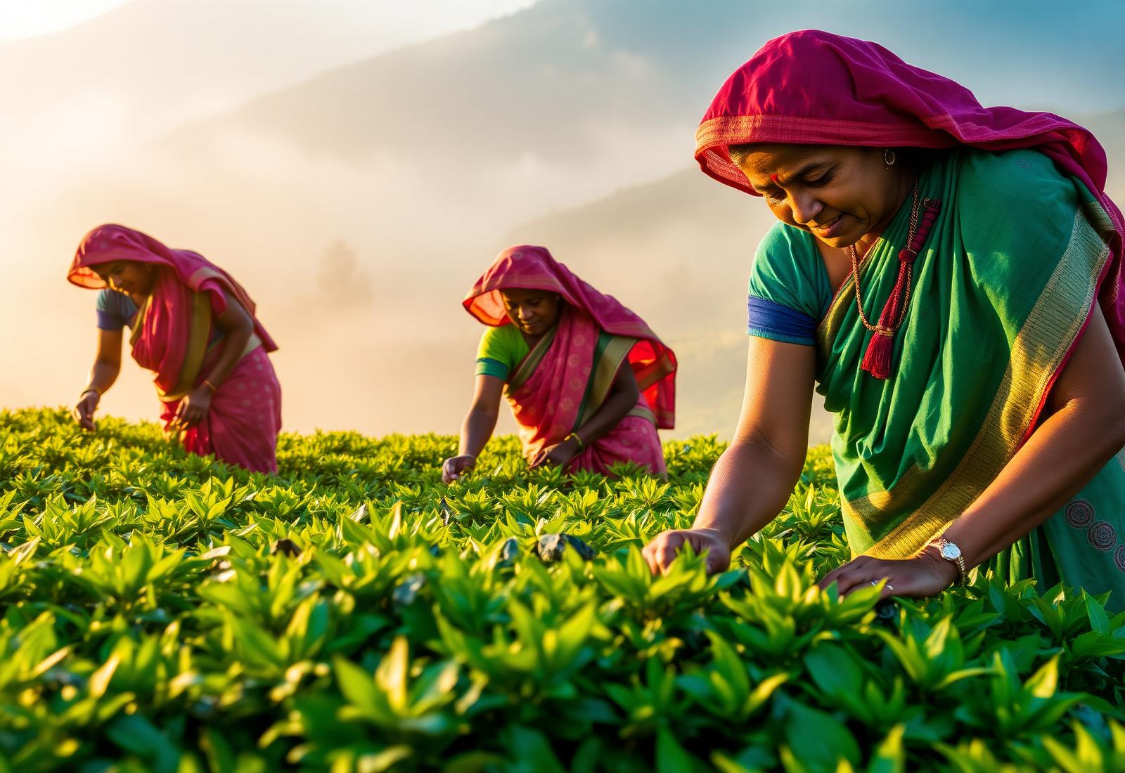 Tea pluckers hand-harvesting leaves in the Ceylon highlands